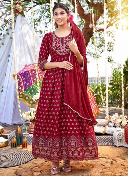 Maroon Colour Dastoor Wanna New Latest Designer Festive Wear Rayon Gown With Dupatta Collection 1006